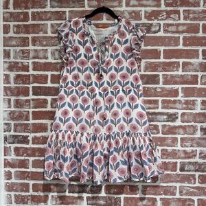Oliphant Floral Block Print Cotton Mini Dress Ruffle Hem Sleeve Boho Resort L
